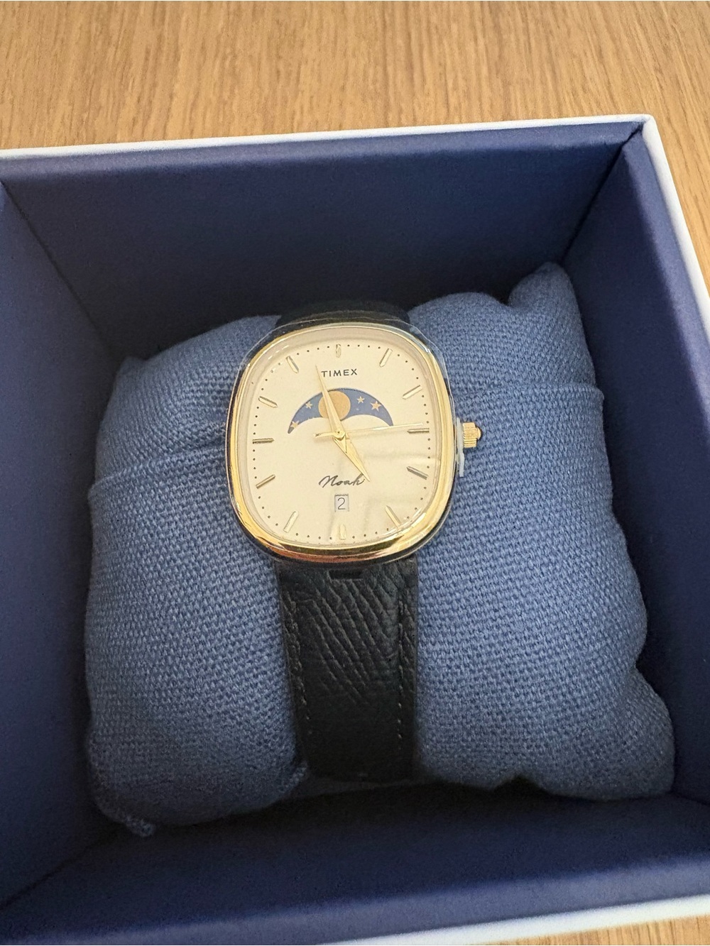 Noah NYC Gold-Tone Watch with Blue Moonphase and Black Strap